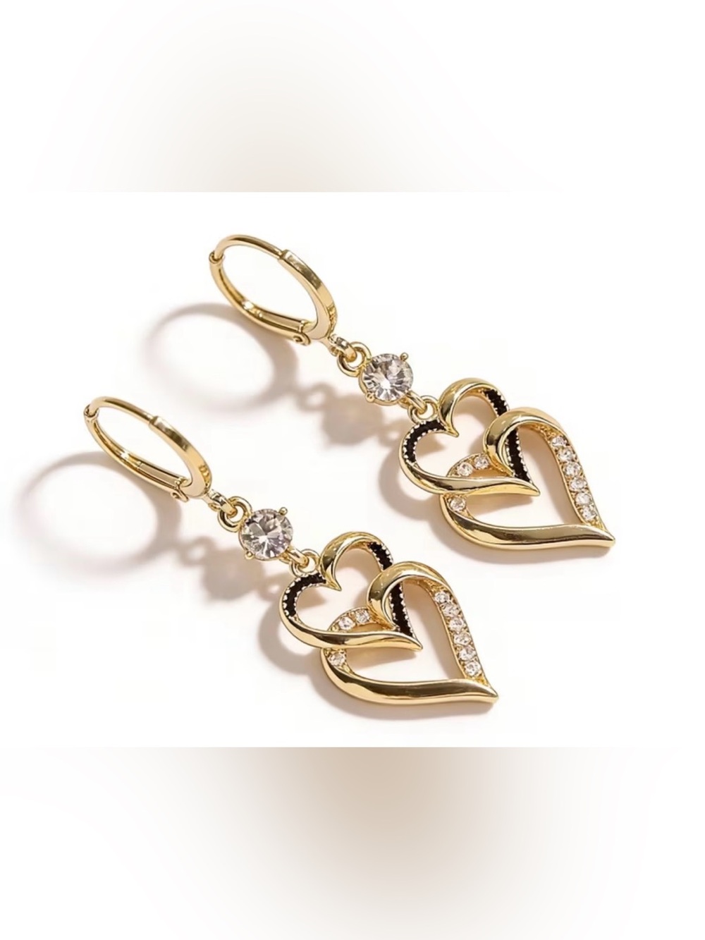 Gold Double Heart Drop Earrings with Crystal Accents